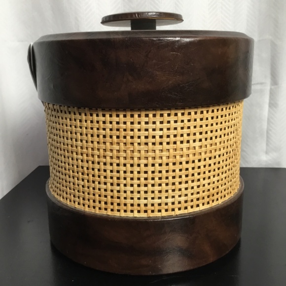 Vintage Mid Century Modern Ice Bucket Woven Sides Brown Faux Leather Trim Handle - Picture 1 of 7